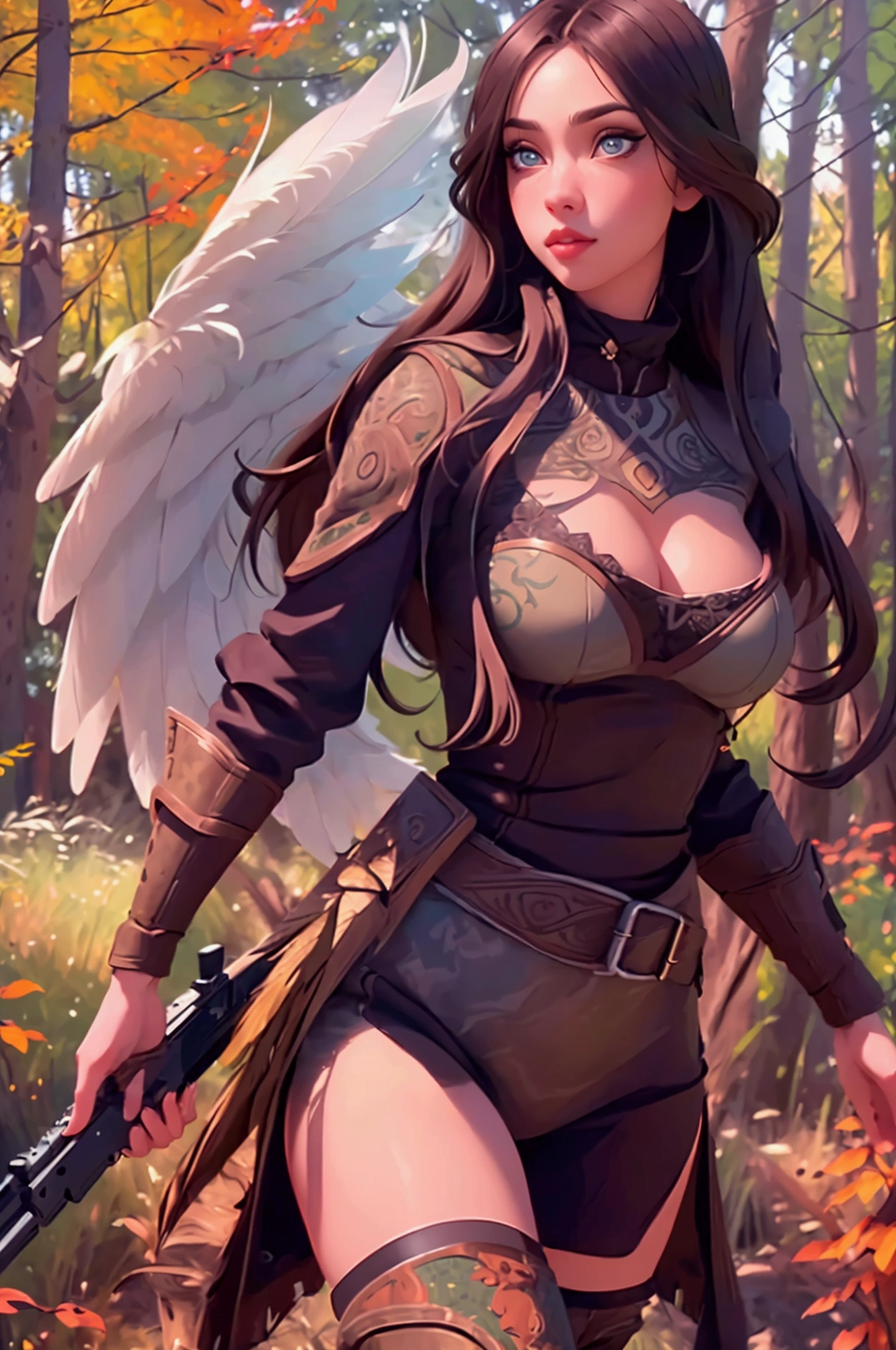 A cute woman in a sexy hunter's outfit with thigh high boots, carrying an oversized shotgun, stalking through an autumn forest while hunting turkey (comically stalking her just out of sight, outlandish big eyes and tail feathers, cleverly foiling her hunt), (best quality,4k,8k,highres,masterpiece:1.2),ultra-detailed,(realistic,photorealistic,photo-realistic:1.37),beautiful detailed eyes,beautiful detailed lips,extremely detailed eyes and face,longeyelashes,dynamic pose,dramatic lighting,vivid colors,warm color palette,intricate details,cinematic composition
