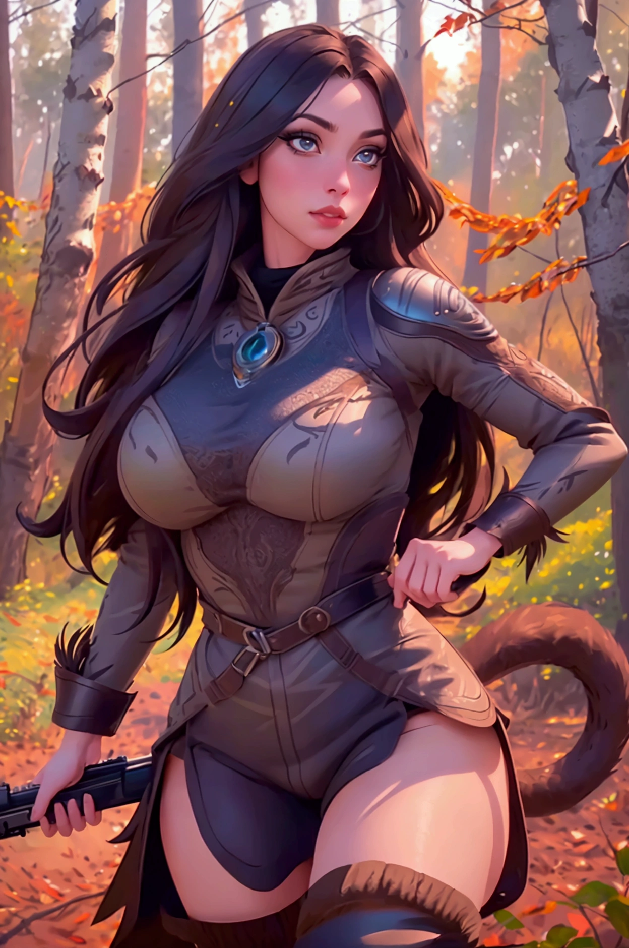 A cute woman in a sexy hunter's outfit with thigh high boots, carrying an oversized shotgun, stalking through an autumn forest while hunting turkey (comically stalking her just out of sight, outlandish big eyes and tail feathers, cleverly foiling her hunt), (best quality,4k,8k,highres,masterpiece:1.2),ultra-detailed,(realistic,photorealistic,photo-realistic:1.37),beautiful detailed eyes,beautiful detailed lips,extremely detailed eyes and face,longeyelashes,dynamic pose,dramatic lighting,vivid colors,warm color palette,intricate details,cinematic composition
