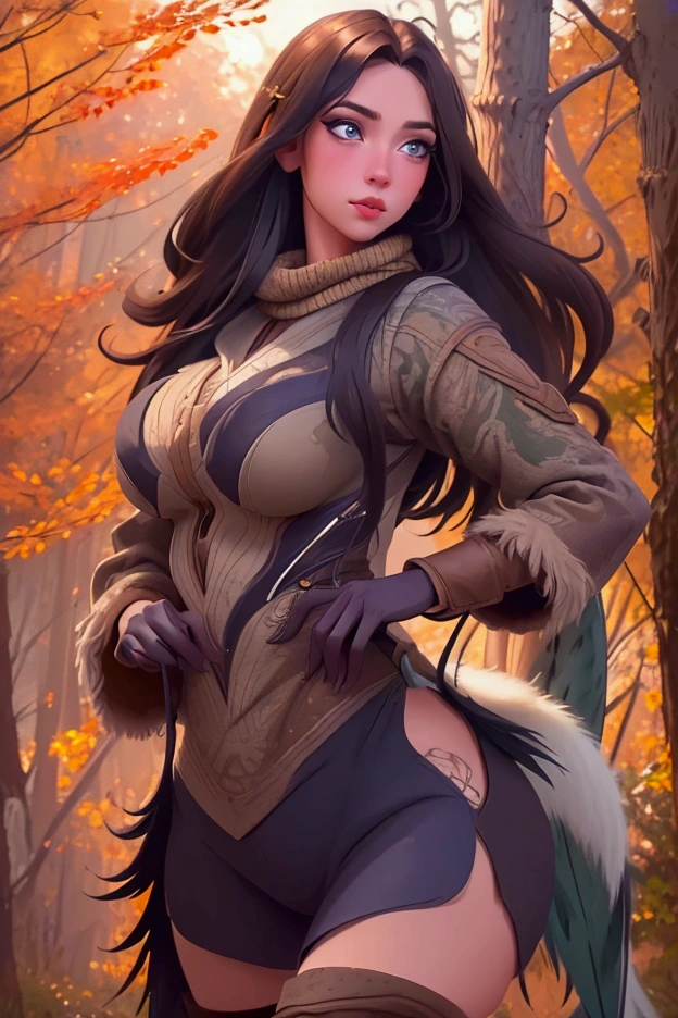 A cute woman in a sexy hunter's outfit with thigh high boots, carrying an oversized shotgun, stalking through an autumn forest while hunting turkey (comically stalking her just out of sight, outlandish big eyes and tail feathers, cleverly foiling her hunt), (best quality,4k,8k,highres,masterpiece:1.2),ultra-detailed,(realistic,photorealistic,photo-realistic:1.37),beautiful detailed eyes,beautiful detailed lips,extremely detailed eyes and face,longeyelashes,dynamic pose,dramatic lighting,vivid colors,warm color palette,intricate details,cinematic composition
