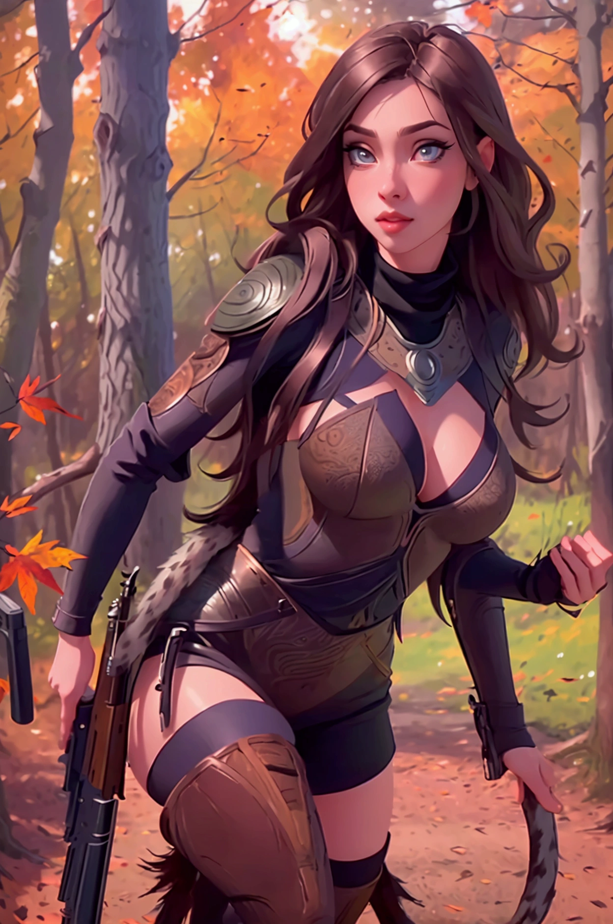 A cute woman in a sexy hunter's outfit with thigh high boots, carrying an oversized shotgun, stalking through an autumn forest while hunting turkey (comically stalking her just out of sight, outlandish big eyes and tail feathers, cleverly foiling her hunt), (best quality,4k,8k,highres,masterpiece:1.2),ultra-detailed,(realistic,photorealistic,photo-realistic:1.37),beautiful detailed eyes,beautiful detailed lips,extremely detailed eyes and face,longeyelashes,dynamic pose,dramatic lighting,vivid colors,warm color palette,intricate details,cinematic composition
