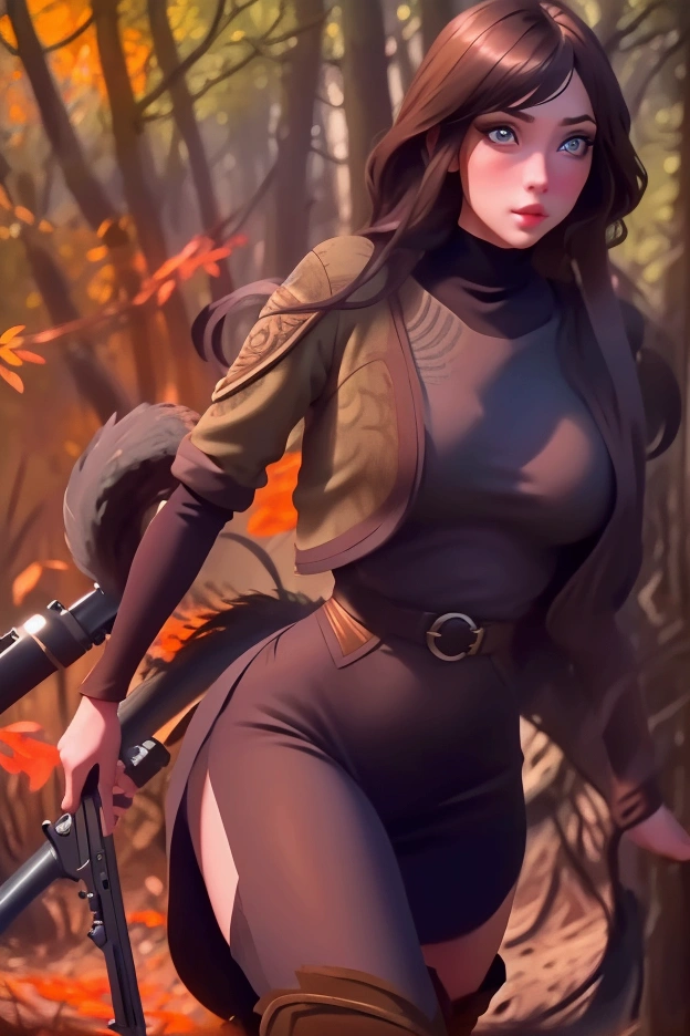 A cute woman in a sexy hunter's outfit with thigh high boots, carrying an oversized shotgun, stalking through an autumn forest while hunting turkey (comically stalking her just out of sight, outlandish big eyes and tail feathers, cleverly foiling her hunt), (best quality,4k,8k,highres,masterpiece:1.2),ultra-detailed,(realistic,photorealistic,photo-realistic:1.37),beautiful detailed eyes,beautiful detailed lips,extremely detailed eyes and face,longeyelashes,dynamic pose,dramatic lighting,vivid colors,warm color palette,intricate details,cinematic composition
