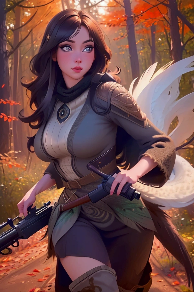 A cute woman in a sexy hunter's outfit with thigh high boots, carrying an oversized shotgun, stalking through an autumn forest while hunting turkey (comically stalking her just out of sight, outlandish big eyes and tail feathers, cleverly foiling her hunt), (best quality,4k,8k,highres,masterpiece:1.2),ultra-detailed,(realistic,photorealistic,photo-realistic:1.37),beautiful detailed eyes,beautiful detailed lips,extremely detailed eyes and face,longeyelashes,dynamic pose,dramatic lighting,vivid colors,warm color palette,intricate details,cinematic composition
