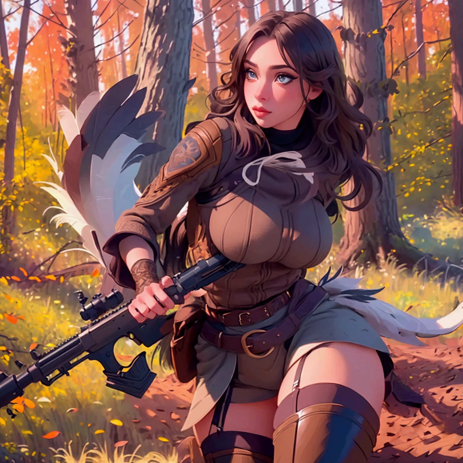 A cute woman in a sexy hunter's outfit with thigh high boots, carrying an oversized shotgun, stalking through an autumn forest while hunting turkey (comically stalking her just out of sight, outlandish big eyes and tail feathers, cleverly foiling her hunt), (best quality,4k,8k,highres,masterpiece:1.2),ultra-detailed,(realistic,photorealistic,photo-realistic:1.37),beautiful detailed eyes,beautiful detailed lips,extremely detailed eyes and face,longeyelashes,dynamic pose,dramatic lighting,vivid colors,warm color palette,intricate details,cinematic composition
