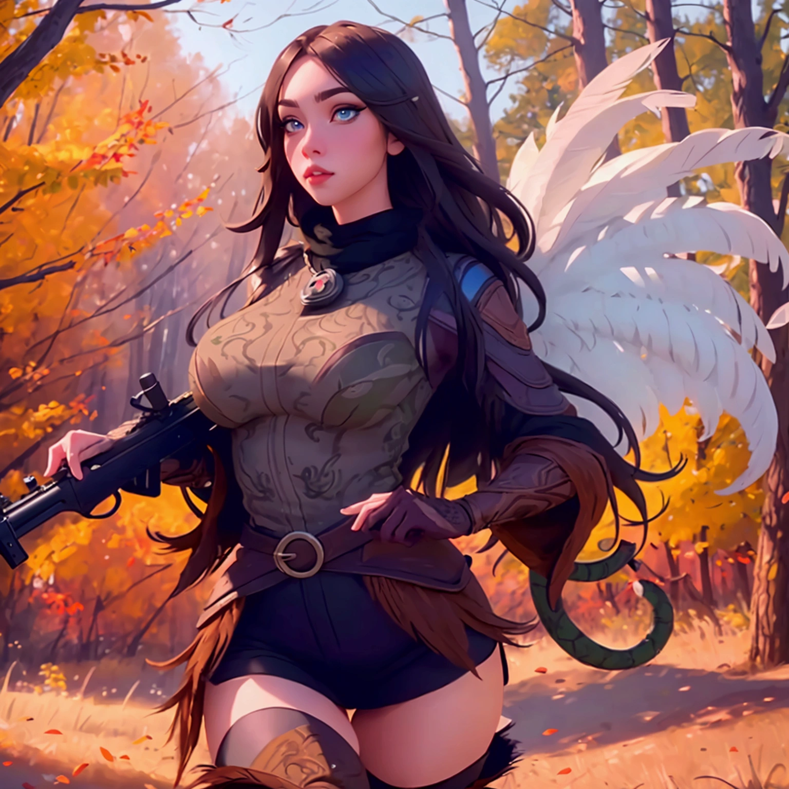 A cute woman in a sexy hunter's outfit with thigh high boots, carrying an oversized shotgun, stalking through an autumn forest while hunting turkey (comically stalking her just out of sight, outlandish big eyes and tail feathers, cleverly foiling her hunt), (best quality,4k,8k,highres,masterpiece:1.2),ultra-detailed,(realistic,photorealistic,photo-realistic:1.37),beautiful detailed eyes,beautiful detailed lips,extremely detailed eyes and face,longeyelashes,dynamic pose,dramatic lighting,vivid colors,warm color palette,intricate details,cinematic composition
