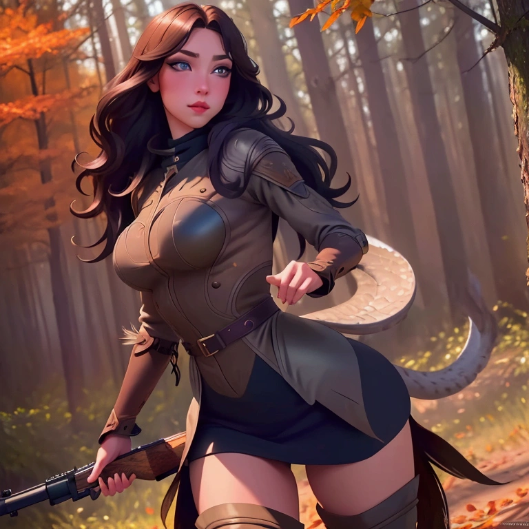 A cute woman in a sexy hunter's outfit with thigh high boots, carrying an oversized shotgun, stalking through an autumn forest while hunting turkey (comically stalking her just out of sight, outlandish big eyes and tail feathers, cleverly foiling her hunt), (best quality,4k,8k,highres,masterpiece:1.2),ultra-detailed,(realistic,photorealistic,photo-realistic:1.37),beautiful detailed eyes,beautiful detailed lips,extremely detailed eyes and face,longeyelashes,dynamic pose,dramatic lighting,vivid colors,warm color palette,intricate details,cinematic composition
