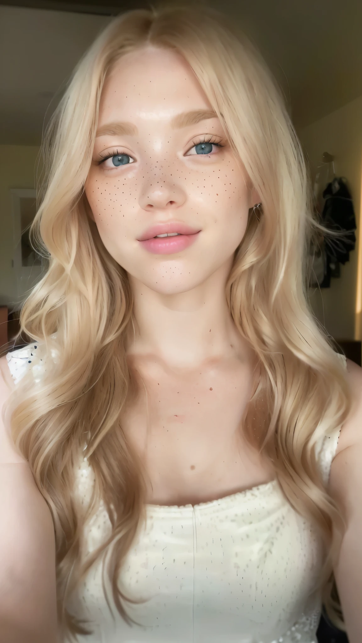 blonde woman with freckled hair and freckled dress posing for a picture, sydney sweeney, pale skin curly blond hair, a girl with blonde hair, headshot profile picture, hint of freckles, with long blond hair, long blonde hair and large eyes, small freckles, with freckles, she has a cute face, very light freckles, soft freckles, cute freckles, instagram story