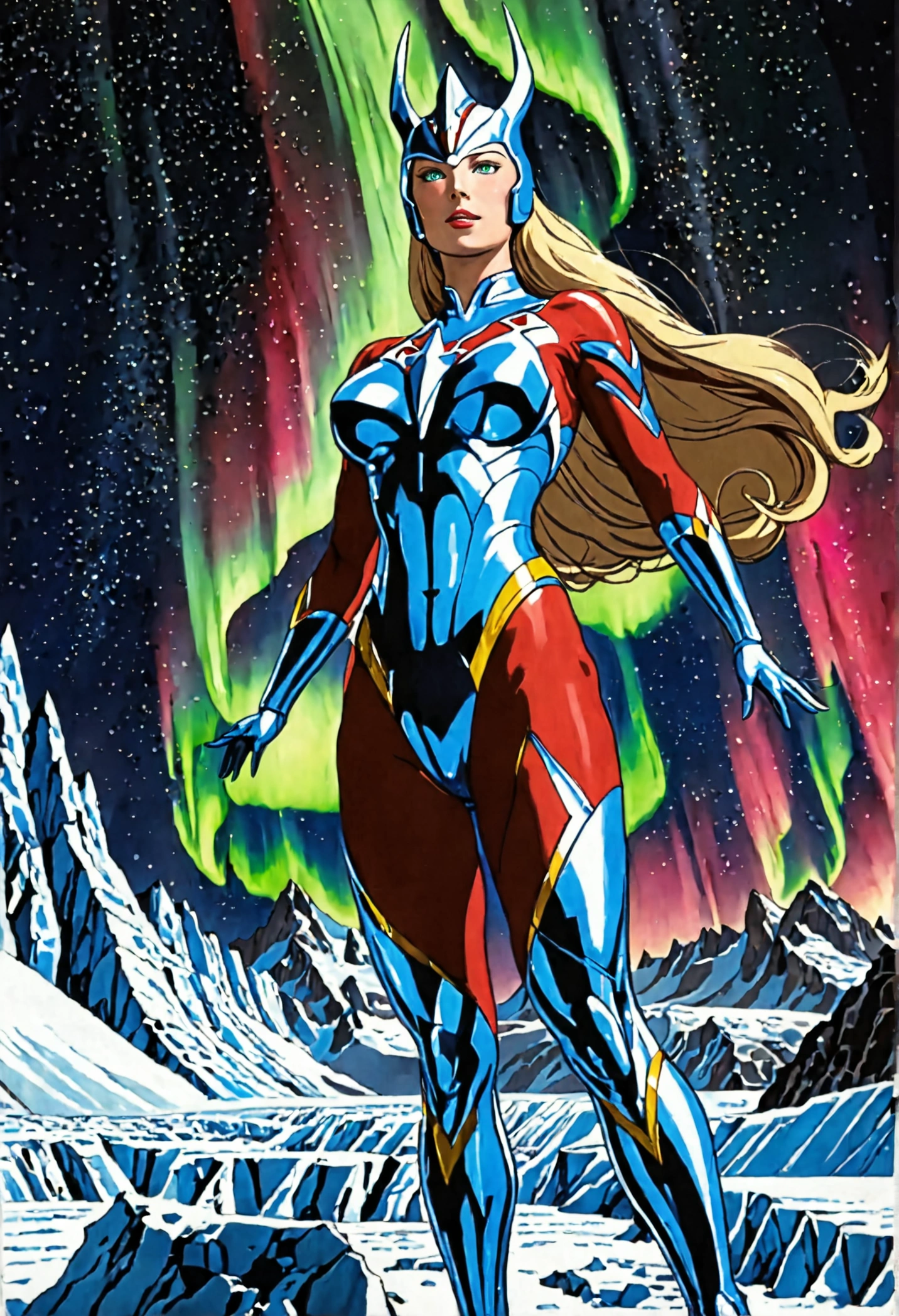 In style of Moebius. Beautiful female goddess with blonde hair floating above ocean.  She has red thunders around her body. She wears a long blue dress which covers her whole body. Huge biomechanical spaceship with eye up in the skies.