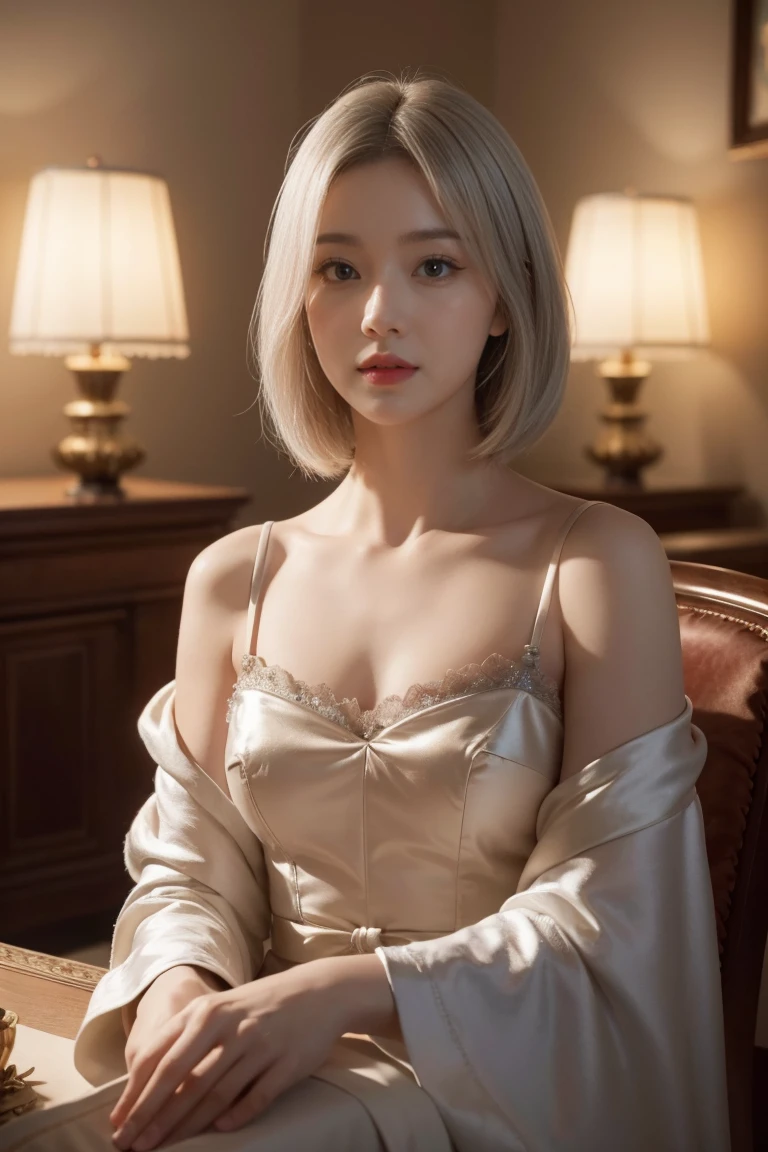 ashelia, photorealistic young medieval woman with awhite hair bob, flat chest, small bust, 8k, medieval palace, A beautiful adult woman with a soft face, perfect brown eyes, detailed face, long eyelashes, silk flower fantasy background, cinematic photorealistic lighting, dramatic night scene, (best quality,4k,8k,highres,masterpiece:1.2),ultra-detailed,(realistic,photorealistic,photo-realistic:1.37),cinematic,dramatic,moody,warm light, 