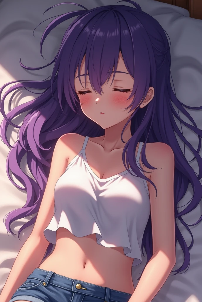 suggestive:1.3), (corruption), 1hayase yuuka, (sleeveless black shirt), purple hair, purple eyes, blush, upper body, (ahegao:1.1),(naughty face), collarbone, trembling, sweat, sweatdrop, heart, skindentation, (crazy:1.3), (speed lines), (at home) , in bed, (armpit)