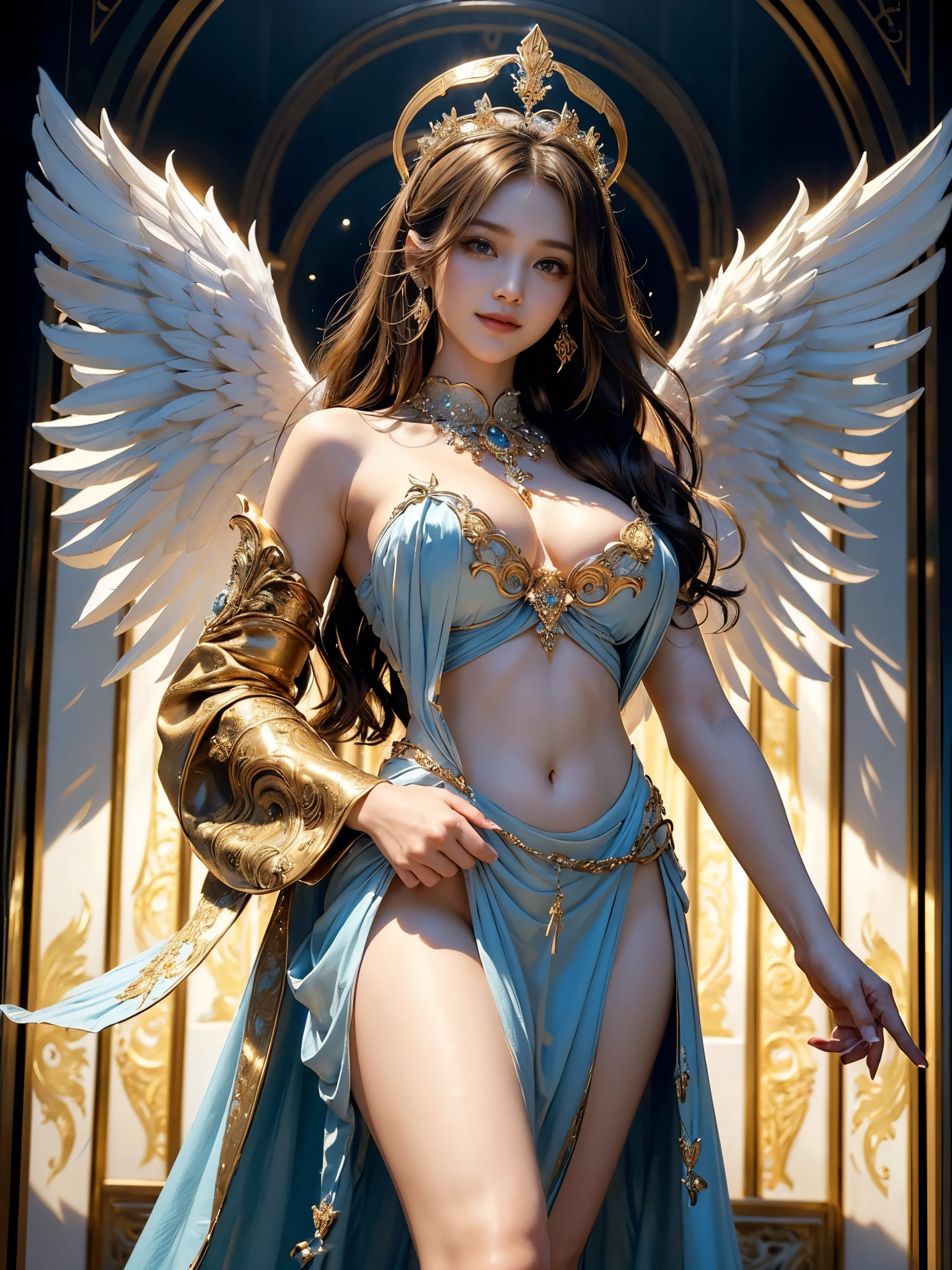 ((Very beautiful angel queen,The final form as a perfect angel, the masterpiece of an angel,Huge and intricate angel wings,The most dignified wings,Golden light,shining background,The most opulent and holy temple background,White and gold temple background,King of Angels,The most dignified angel,Intricate and solemn dresses,Light blue and gold embellishment dress on white,Light blue and gold dress on white base,Complex and majestic angel figure,The most majestic figure of the devil,The most intricately depicted figure of an angel,The World's Most Beautiful,Unimaginable beauties,divine atmosphere,The most intricate and beautiful dresses,Intricate reproduction of the perfect angelic detail,The figure of an unimaginably gorgeous angel,The figure of an unimaginably huge angel)), (((Tyndall effect;1.45))), ((Most beautiful face,Half Japan and half Spanish,The biggest happy smile,Beautiful wavy hair,Black and red hair,The most luxurious and intricate dresses,The biggest smile looking at the camera)),(Elegant standing figure,Fold your hands in front of your navel,)),Chest that seems to burst,Giant wings of angels,The background is the appearance of a perfect angel castle,Masterpiece,8K,very intricate,ultra-detailliert, nsfw