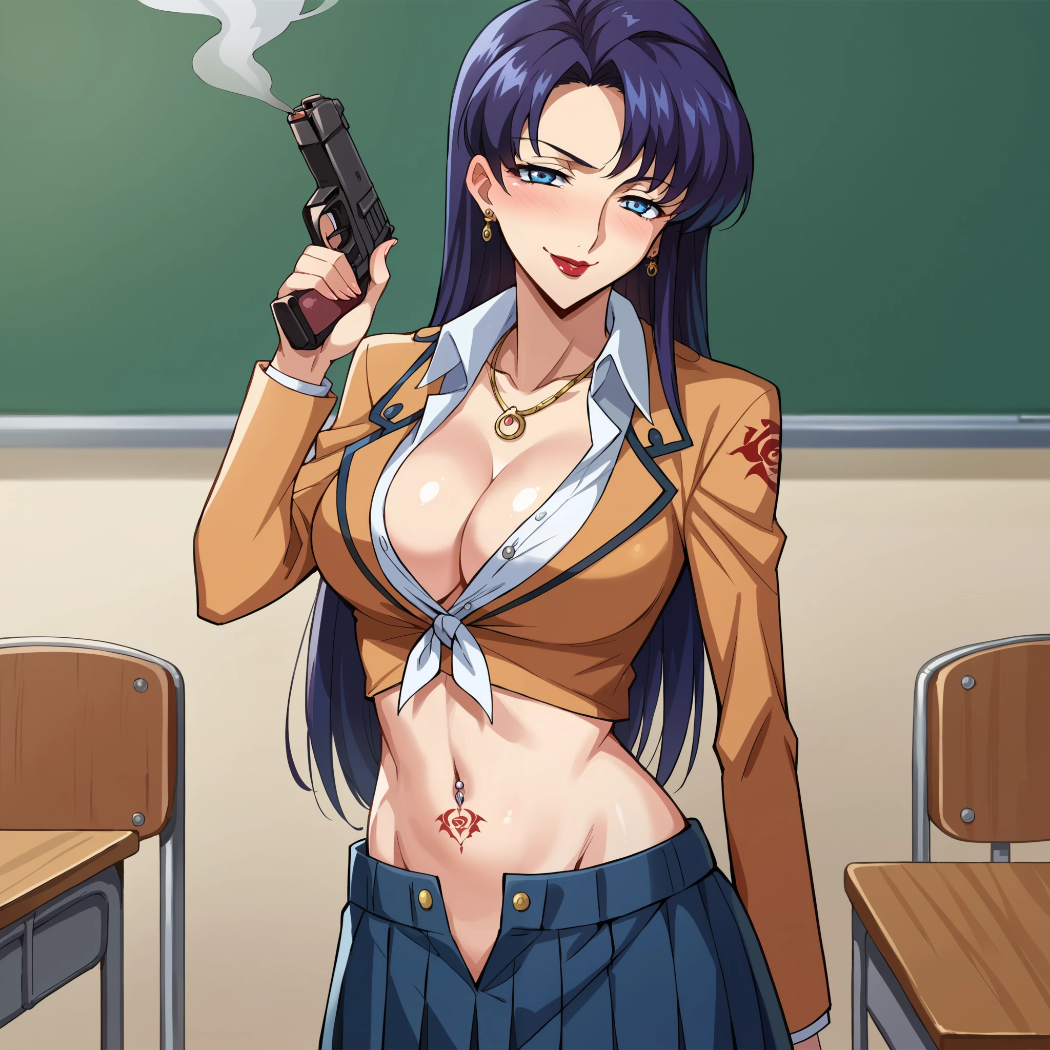 Kate,1girl,purple hair,forehead,long hair,
masterpiece, best quality, ((unbuttoned , cleavage, necklace, earrings, sexy body,
breasticro skirt, smiling, navel , exposed belly, exposed navel,(nsfw) not safe for work,school,
classroom , holding a gun, hold a gun