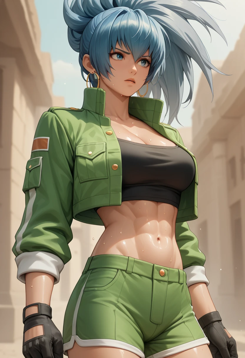 BREAK 1girl,cute,{{slender}},beautiful detailed breasts,shiny skin,{{{beautiful detailed breasts}}},{gleaming skin},{shiny skin},Sweat, BREAK 1girl,leonakofdg , green shorts, midriff, crop top, black gloves, military uniform, green jacket, earrings, jewelry,BREAK {{{best quality, very aesthetic, ultra-detailed, extremely detailed, perfect anatomy}}},sound effects,