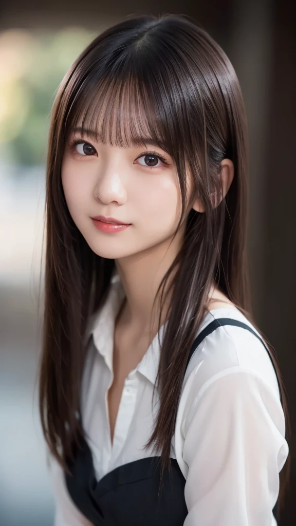  white shirt, beautiful目, Idol, Feminine dark hair , ( Delicate and realistic hair, 1 1 Realistic Hair), bangs,  natural colored lips, smile, ((white indoor)), indoor, ( 18 year old female  : 1. 2),  Young and Adorable Japanese Face,  Official Art,  high definition  CG Unity 8k 壁紙, (masterpiece: 1.0) , ( best quality: 1. 0), ( best quality: 1. 0), Ultra  high definition ,4K, Very detailed,  unvolume on photos ,8k, NFFS DAW , high definition , Kodak Portrait 400 , Film Grain, Lens Flare グロー, best quality,8k, NFFS DAW :1. 2),  as a portrait shot,8k, Show viewer , ((masterpiece)), (( best quality)), ( super detailed), ((cute)), (Nice), (( sexy)), (( Very detailedな)), (detailed clothing features), 4K, (8k), (beautiful), Illustration, beautiful日本人の女性, ((1 female)), beautiful black hair, (Long Hair:1.2), ((beautiful eyes)),  Lens Flare, (((Front View))), ((facing))