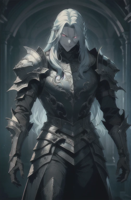 (masterpiece, ultra-detailed, high resolution, best quality:1.2), (anime, simple background, plain background, fantasy art, RPG character, concept art, (dark style art, horror art:1.2)), (knight, (1guy:1.1), (large build:1.2), male, armor, solo, adult male), ((forehead:0.9) down bangs, (voluminous hair:1.3), (long hair:1.2), (blue hair:1.1)), (pale complexion, wild, glowing eyes, craziness, crazy smile:1.3), (ghost knight, death knight, dark knight:0.9)