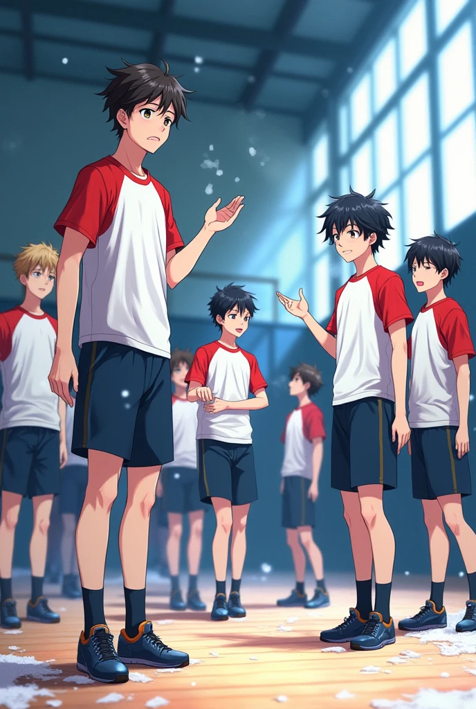 American nudist running、Lots of close elementary school boys pushing each other with their eyes wide open、surround each other'wide eyes、Laughter and joy、longshot、Group Selfies、from side