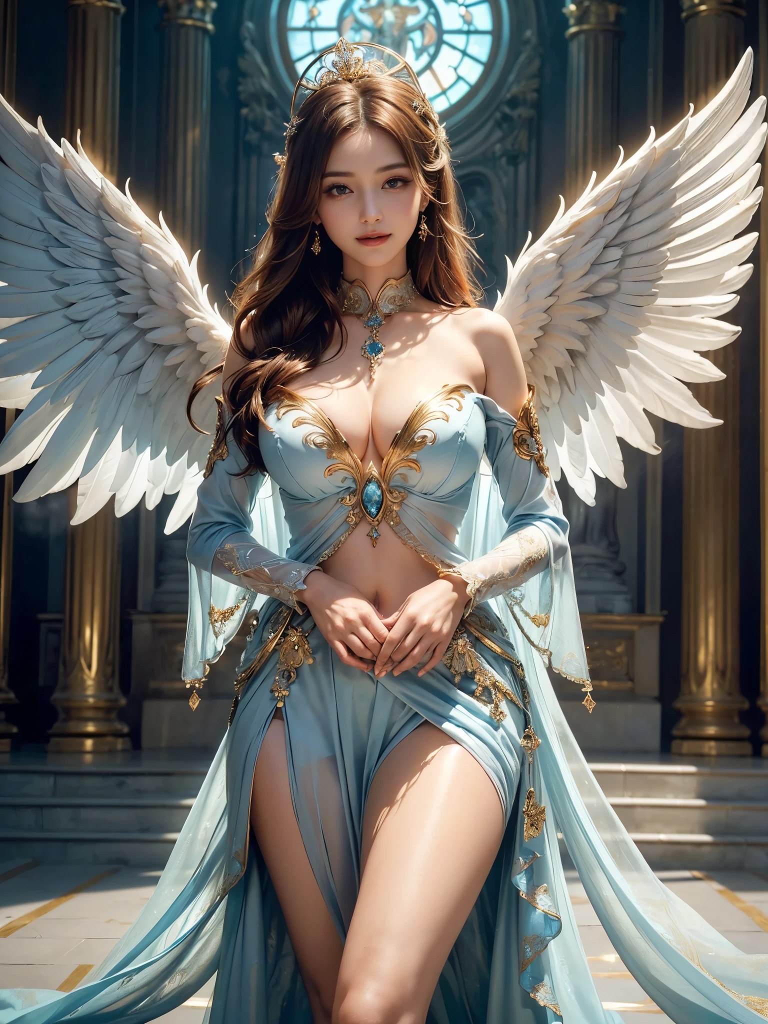 ((Very beautiful angel queen,The final form as a perfect angel, the masterpiece of an angel,Huge and intricate angel wings,The most dignified wings,Golden light,shining background,The most opulent and holy temple background,White and gold temple background,King of Angels,The most dignified angel,Intricate and solemn dresses,Light blue and gold embellishment dress on white,Light blue and gold dress on white base,Complex and majestic angel figure,The most majestic figure of the devil,The most intricately depicted figure of an angel,The World's Most Beautiful,Unimaginable beauties,divine atmosphere,The most intricate and beautiful dresses,Intricate reproduction of the perfect angelic detail,The figure of an unimaginably gorgeous angel,The figure of an unimaginably huge angel)), (((Tyndall effect;1.45))), ((Most beautiful face,Half Japan and half Spanish,The biggest happy smile,Beautiful wavy hair,Black and red hair,The most luxurious and intricate dresses,The biggest smile looking at the camera)),(Elegant standing figure,Fold your hands in front of your navel,)),Chest that seems to burst,Giant wings of angels,The background is the appearance of a perfect angel castle,Masterpiece,8K,very intricate,ultra-detailliert, nsfw