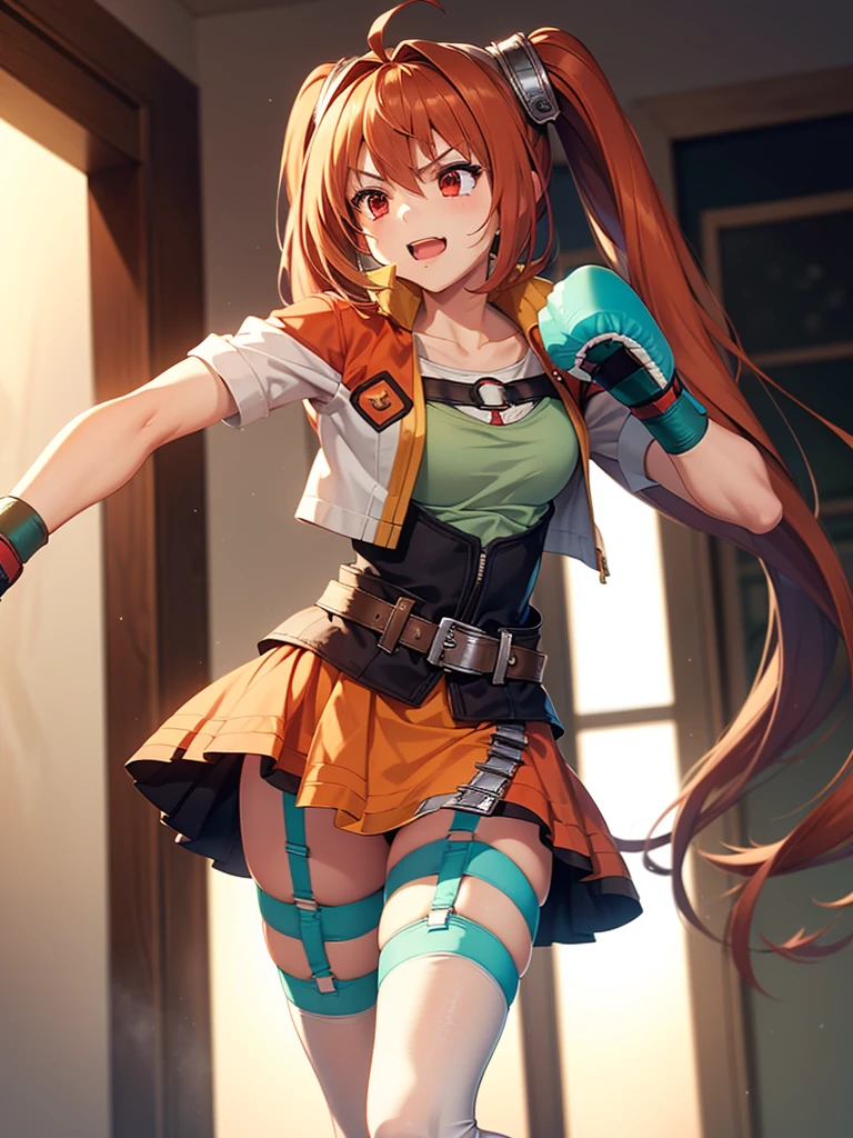 (masutepiece, Best Quality, hight resolution, nffsw, Perfect Pixel, depth of fields, 4K), Beautiful anime girl, Perfect body ,,,scEstelle, cropped jacket, green shoulder pad, tan shirt, orange skirt, belt, white thighhighs,(((wearing sexy garter belt))), (punching s:1.4) ,