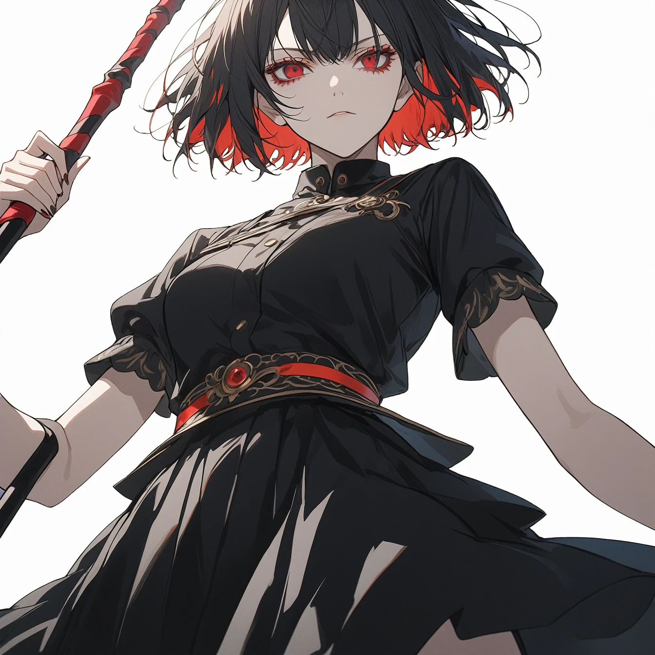 1girl, female focus, nero secre, Anime female character, short hair, red eyes, dark vibes, cool, vibrant color, half body, pose, low view, low angle, waist, holding a staff, beautiful, aesthetic, plain white background.