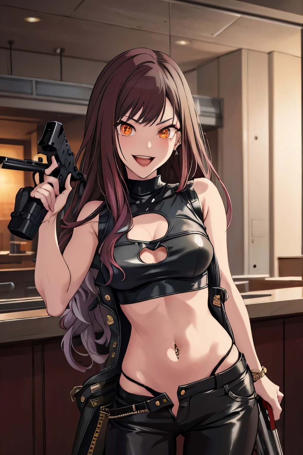 Shiraishi An, large breast, long hair, earrings, red lips, large breasts, ear piercing, long hair, blush, lipstick,Hot girl, baddie,
smoking, sensual, attractive, bar background, inside bar, masterpiece, best quality, highly detailed, a girls with a gun, evil smile , open mouth, sexy gaze, badass
pose , evil smile, smile, (nsfw) not safe for work, guns blazing, anime girl with long hair, beautiful long
haired girl, navel, evil expression, exposed belly, exposed navel, exposed midriff, exposed lower belly,
long black pants, crop top, cleavage, unbuttoned leather pants ,open fly, low rise black leather pants,
leather jacket, holding a gun, holding pistol, navel piercing