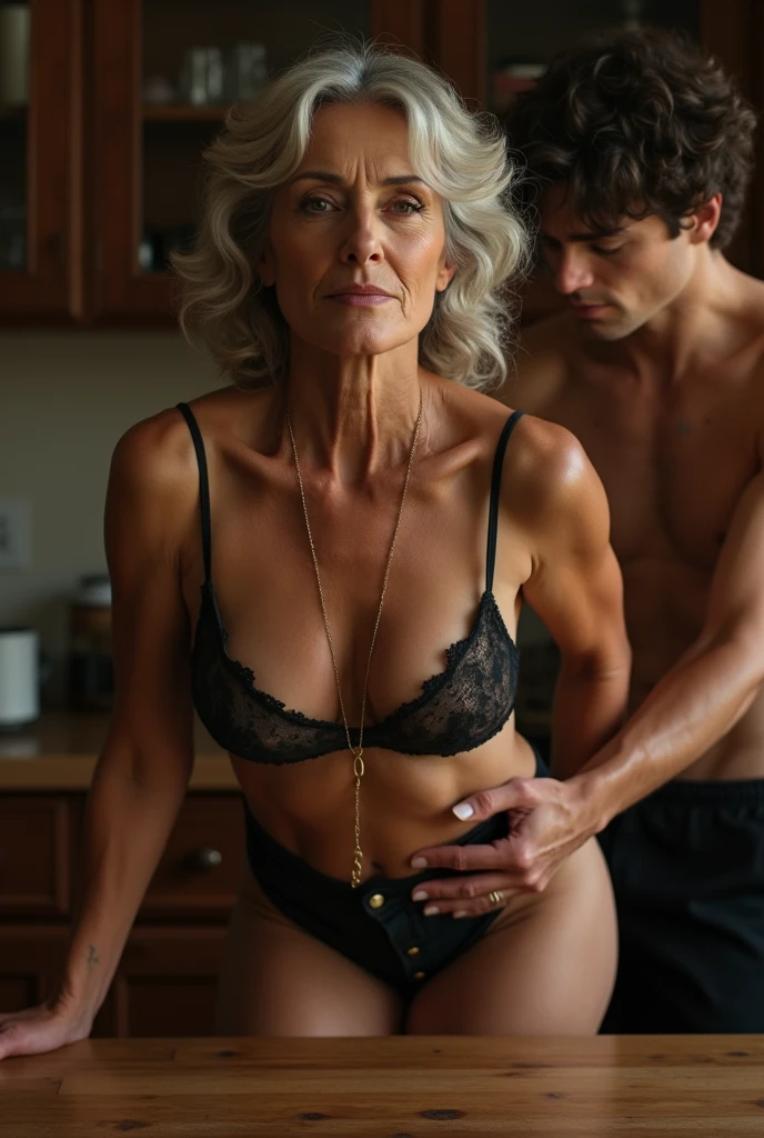 an 80 year old old grandmother with wrinkled skin on her face and body from America, naked, horny, she is having sex on the bed with her young husband, a 20 year old man, naked, in the room, hot and romantic, their bodies are sweaty, very detailed, cinematic, photorealistic
