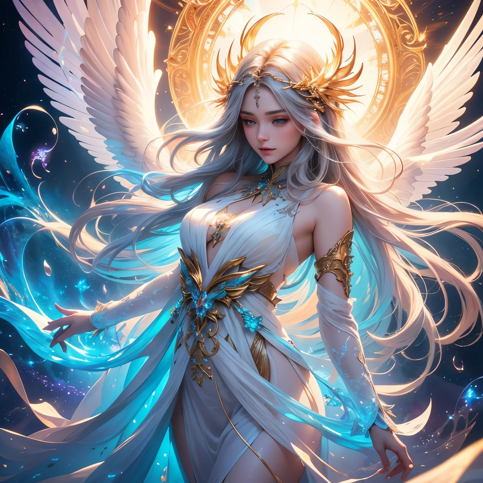 1 angel, mature, (translucent angel wings), long billowing blonde hair with blue accent, flowers in hair, (glowing halo on head), (best quality, 4k, 8k, hires, masterpiece:1.2), ultra-detailed, (realistic, photorealistic, photo-realistic:1.37), beautiful and aesthetic, (white sleeveless gown with gold trim), (full body view), blossoms background, extremely detailed, fractal art, colorful, highest detailed, illustration, sharp focus, vibrant colors, ethereal, flowing lines, mesmerizing patterns, organic shapes, breath-taking composition, explosive vibrancy, luminous hues, striking visual impact, wisps of light, dynamic movement, delicate textures, emotional expression, transcendent beauty, surreal atmosphere, divine aura, otherworldly essence, perfect balance, dreamlike state, splendor of nature, mysterious energy, intricate details, harmony of colors, spellbinding visual journey, ethereal presence, pure elegance, unforgettable masterpiece