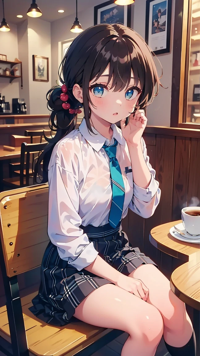 (top-quality、in 8K、32K、​masterpiece、 fresh youth fashion 、 ultra high resolution、 Impressionism 、 photorealistic:1.2)、 cowboy shot 、 clear focus、  Detailed Face and Eyes  、( and a plate of cake and coffee on the table , Cafe,  sitting at mocha colored table, dessert, Miniature Cafe Diorama, Diner Cafe,  coffee shop ,  cozy cafe background ,   enjoy coffee at a coffee shop, Sit in a cafe ,  Taken with Sony α1 camera , by Haku Maki)、 sharp pupils、Realistic pupil、 Beautiful Faces 、 18 year old beautiful girl、 shiny skin、 medium short 、 wavy hair、poneyTail、beautiful dark brown hair、 green eyes、 shirt、tie、 plaid mini skirt 、Black socks、 Put Your Right Hand on Her Cheek 、( happy smile:1.2)、Mel Kisha