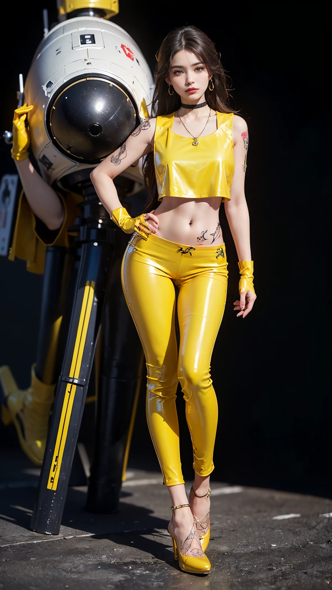 Beautiful girl, short orange hair, with pink glued latex clothes, a white leather jacket, puffed breast, large, pointed, prank and hard, thin waist, torn belly, thick legs, large ass, very detailed face , vivid colors, dramatic colors, pastel shades