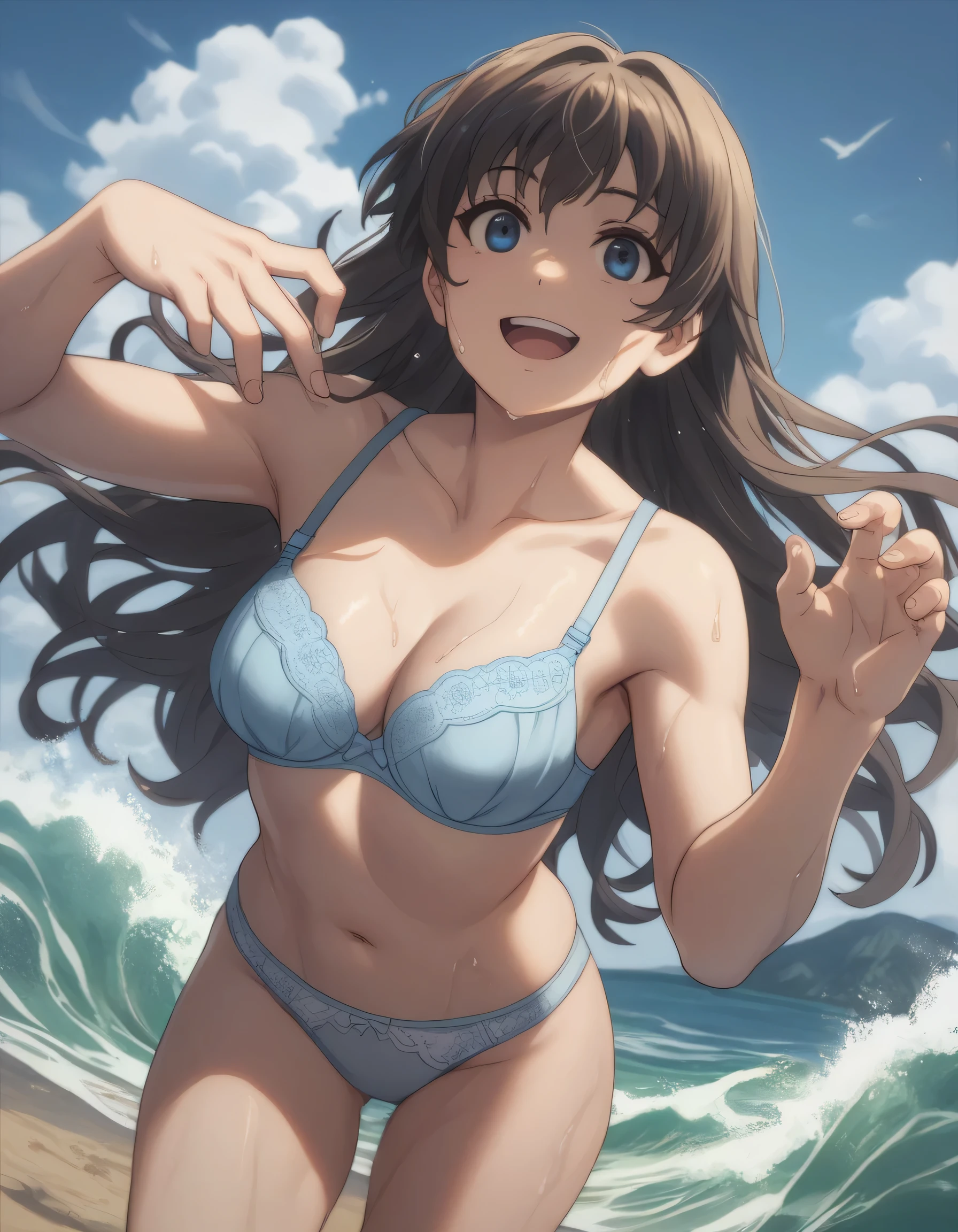 score_9, score_8_up, score_7_up, gsfghtr, ((long straight hair)), white blue bra, white blue panties, 1girl, smile, open mouth, wave hand, hills, sweaty, blue sky, bright, midday afternoon, from bottom
