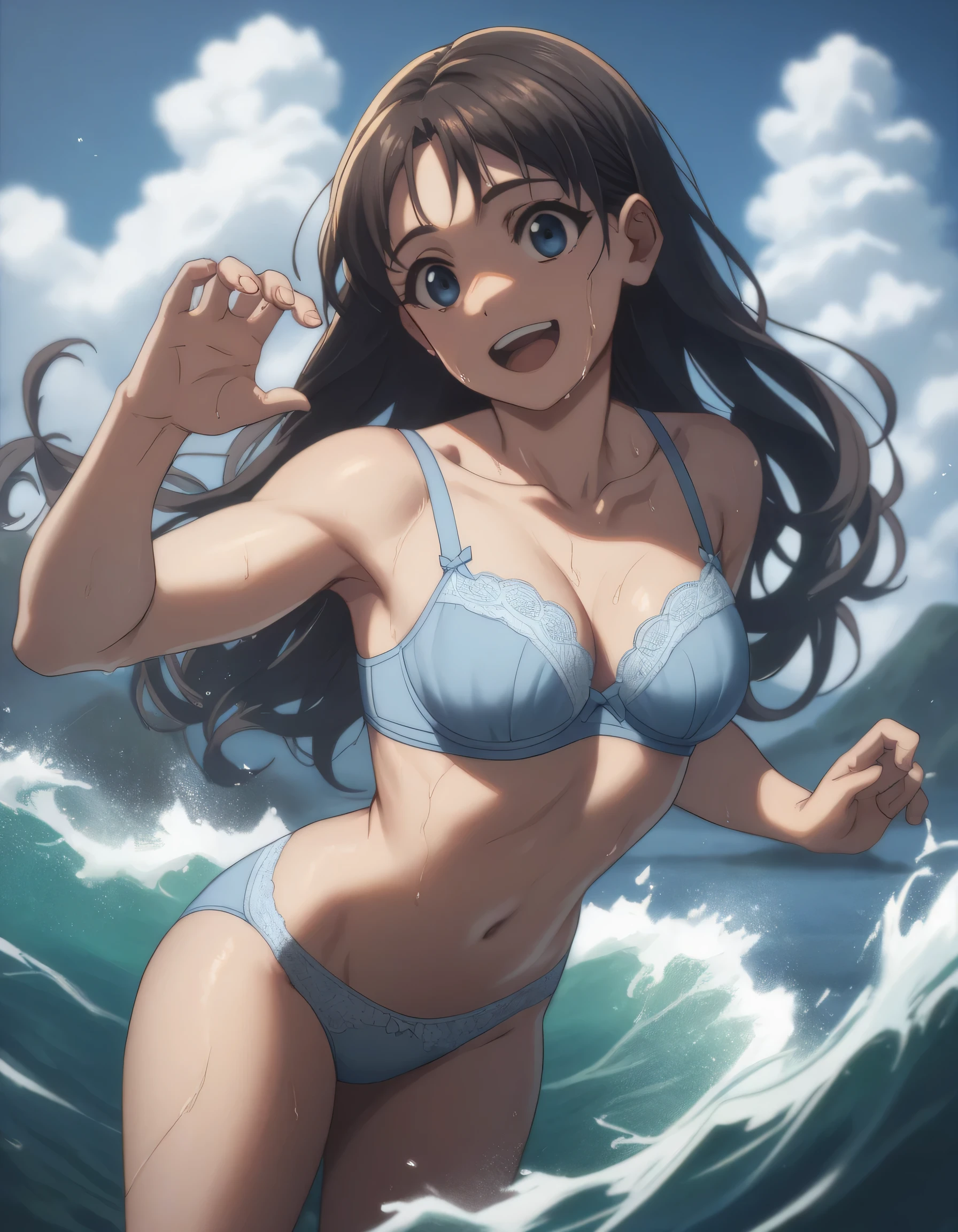 score_9, score_8_up, score_7_up, gsfghtr, ((long straight hair)), white blue bra, white blue panties, 1girl, smile, open mouth, wave hand, hills, sweaty, blue sky, bright, midday afternoon, from bottom