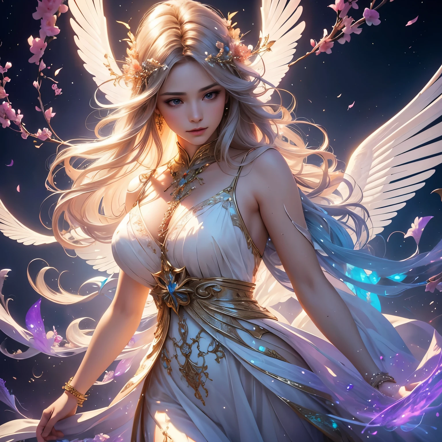 1 angel, mature, (translucent angel wings), long billowing blonde hair with violet accent, flowers in hair, (glowing halo on head), (best quality, 4k, 8k, hires, masterpiece:1.2), ultra-detailed, (realistic, photorealistic, photo-realistic:1.37), beautiful and aesthetic, (white sleeveless gown with gold trim), (full body view), blossoms background, extremely detailed, fractal art, colorful, highest detailed, illustration, sharp focus, vibrant colors, ethereal, flowing lines, mesmerizing patterns, organic shapes, breath-taking composition, explosive vibrancy, luminous hues, striking visual impact, wisps of light, dynamic movement, delicate textures, emotional expression, transcendent beauty, surreal atmosphere, divine aura, otherworldly essence, perfect balance, dreamlike state, splendor of nature, mysterious energy, intricate details, harmony of colors, spellbinding visual journey, ethereal presence, pure elegance, unforgettable masterpiece