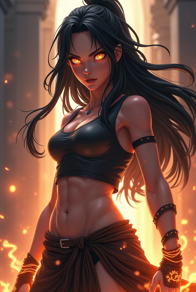 1girl, solo, long hair, fire, black hair, colored skin, navel, medium breasts, floating hair, blackSkin <lora:blackSkinV1:1>,, detailed, illustration, trending artstation, digital painting,symmetric,atmospheric lighting