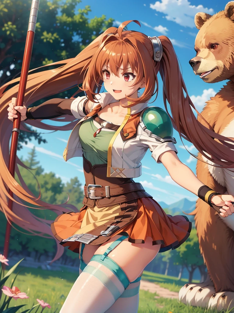 (masutepiece, Best Quality, hight resolution, nffsw, Perfect Pixel, depth of fields, 4K), Beautiful anime girl, Perfect body ,,,scEstelle, cropped jacket, green shoulder pad, tan shirt, orange skirt, belt, white thighhighs,(((wearing sexy garter belt))), (fighting bear:1.4) , (holding rod:1.4),