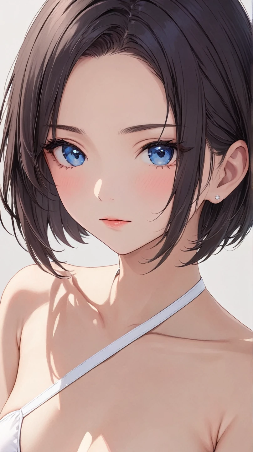 (high quality, masterpiece), cute face, pixie cut, clear skin, vibrant colors, white bikini, simple background, (dark gray hair with side undercut:1.3), (forehead:1.3), (low hair volume:1.5), (Parted Bangs:1.3), (shaved sides hair:1.1),BREAK
