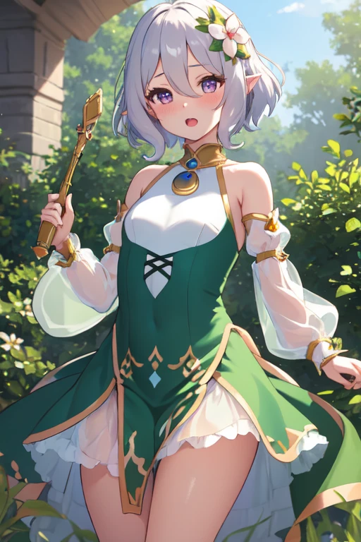 ultra-detailed,
master piece,best quality,high resolution,
beautiful eyes,detailed eyes,detailed face,
beautiful detailed eyes,symmetrical clear eyes,
1girl,kokkoro, bare shoulders, blush, small breasts, detached sleeves, dress, flower, full body, green dress, hair between eyes, hair flower, hair ornament,  long sleeves, open mouth, puffy long sleeves, puffy sleeves, see-through, see-through sleeves, short hair, sleeveless, sleeveless dress, white flower ,Lori,Young girl,Lori's body type, mature woman,wide hip, thick thighs 