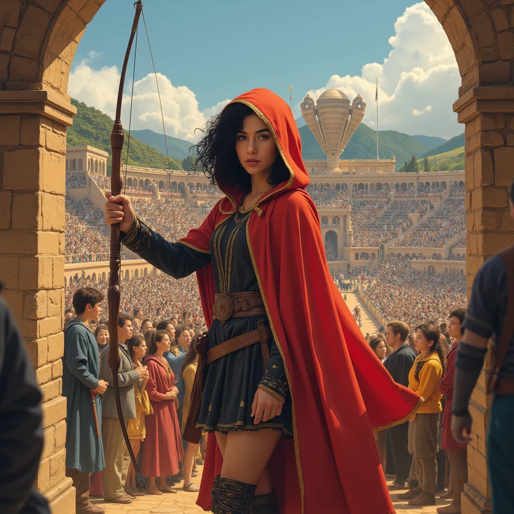 Lily Collins with black curly hair with red hood, medieval clothes, bow and arrow in hand, entering an arena landscape filled with bleachers and audience watching the illustration is detailed, smooth and bright, HD art by Citemer Liu