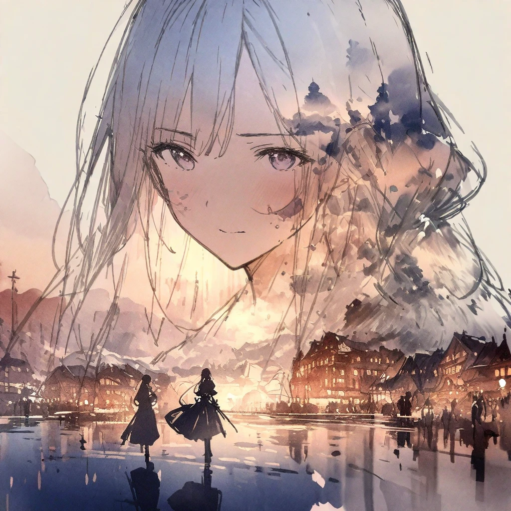 ((sketch:1.5)), ((watercolor:1)), Double Exposure of a Beautiful and Delicate Woman (The face is clear and perfect)image，Background、 perfect super detailed victorian landscape , beautiful, beautiful笑顔, complicated illustration,  artwork concept artwork, break,( without any merit 、People want to create factions ),