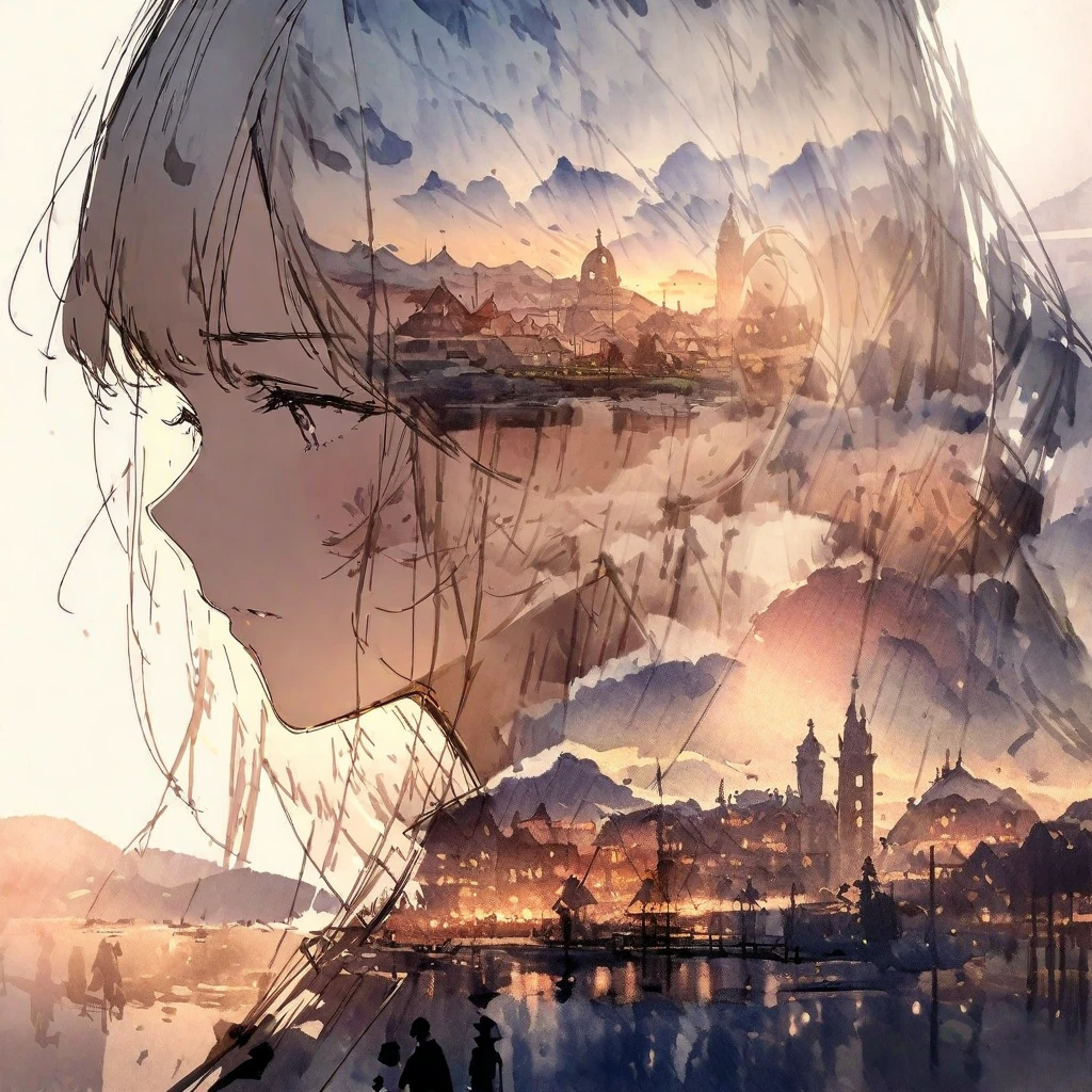 ((sketch:1.5)), ((watercolor:1)), Double Exposure of a Beautiful and Delicate Woman (The face is clear and perfect)image，Background、 perfect super detailed victorian landscape , beautiful, beautiful笑顔, complicated illustration,  artwork concept artwork, break,( without any merit 、People want to create factions ),