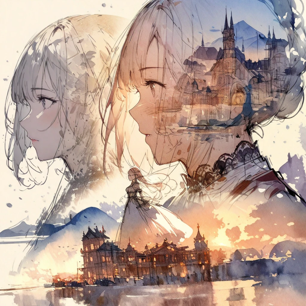 ((sketch:1.5)), ((watercolor:1)), Double Exposure of a Beautiful and Delicate Woman (The face is clear and perfect)image，Background、 perfect super detailed victorian landscape , beautiful, beautiful笑顔, complicated illustration,  artwork concept artwork, break,(Success in the world was born after enthusiasm),