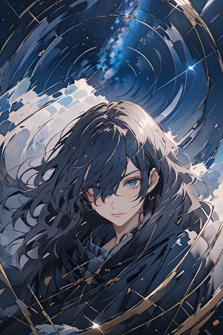 Starry sky in the dark　Mysterious　Blue Moon　 Empty Expressions 　One person　 background main　The whole body enters　No corners　 one eye is covered by hair　ハンサム