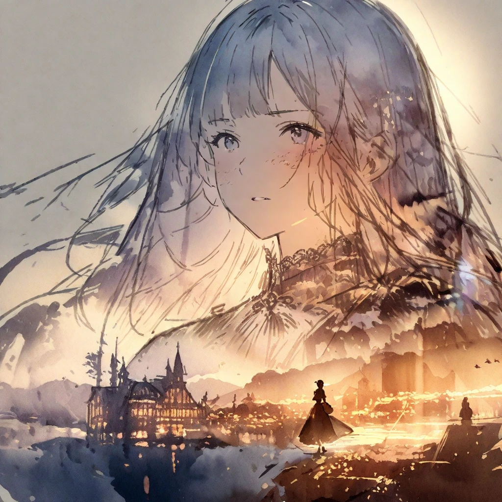 ((sketch:1.5)), ((watercolor:1)), Double Exposure of a Beautiful and Delicate Woman (The face is clear and perfect)image，Background、 perfect super detailed victorian landscape , beautiful, beautiful笑顔, complicated illustration,  artwork concept artwork, break,(Success in the world was born after enthusiasm),