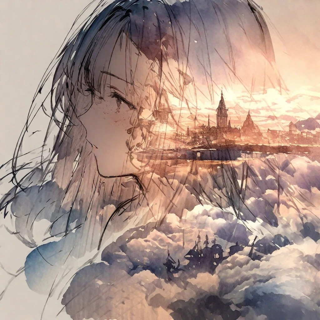 ((sketch:1.5)), ((watercolor:1)), Double Exposure of a Beautiful and Delicate Woman (The face is clear and perfect)image，Background、 perfect super detailed victorian landscape , beautiful, beautiful笑顔, complicated illustration,  artwork concept artwork, break,(押さえ込もうとすると、things will always get worse if you try to hold them down ),