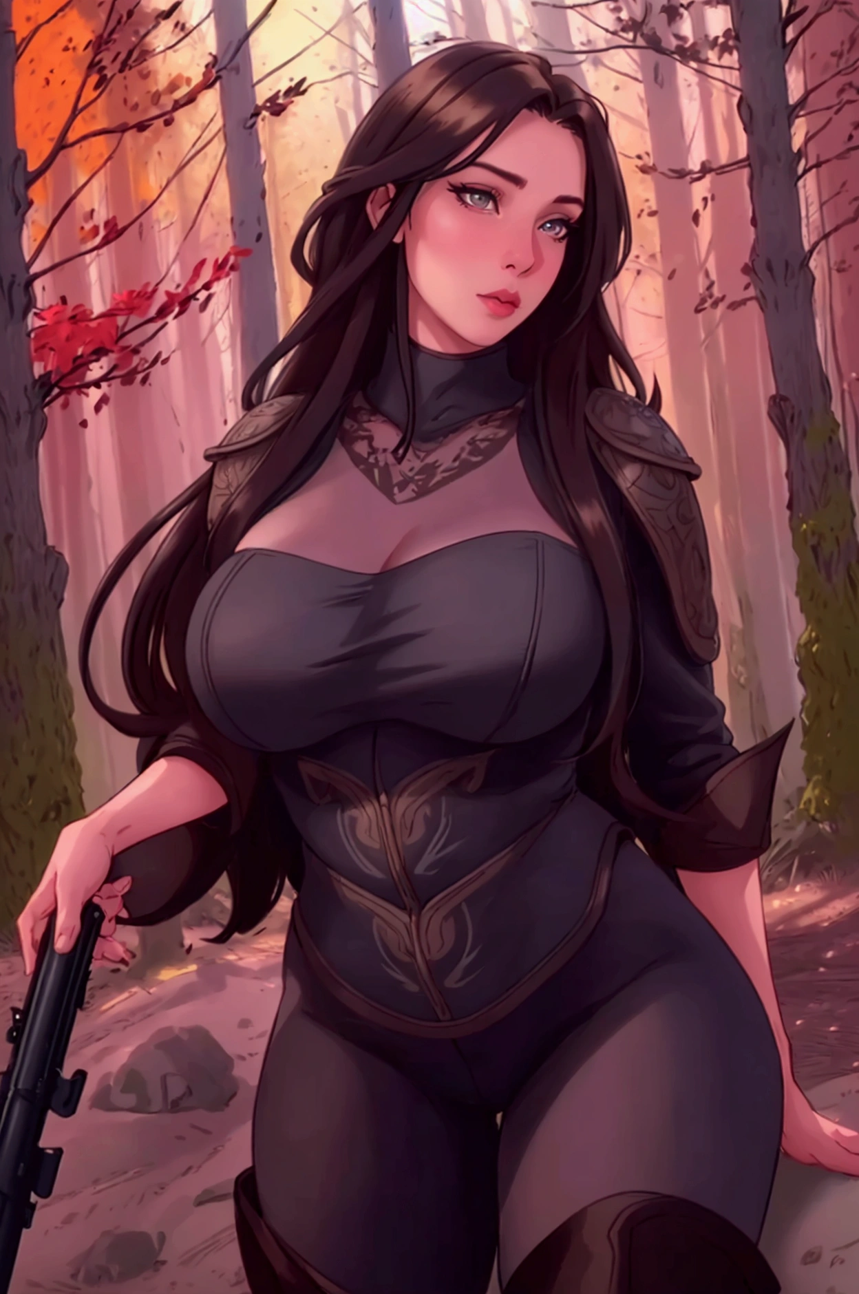 A cute woman in a sexy hunter's outfit with thigh high boots, carrying an oversized shotgun, stalking through an autumn forest while hunting turkey (comically stalking her just out of sight, outlandish big eyes and tail feathers, cleverly foiling her hunt), (best quality,4k,8k,highres,masterpiece:1.2),ultra-detailed,(realistic,photorealistic,photo-realistic:1.37),beautiful detailed eyes,beautiful detailed lips,extremely detailed eyes and face,longeyelashes,dynamic pose,dramatic lighting,vivid colors,warm color palette,intricate details,cinematic composition
