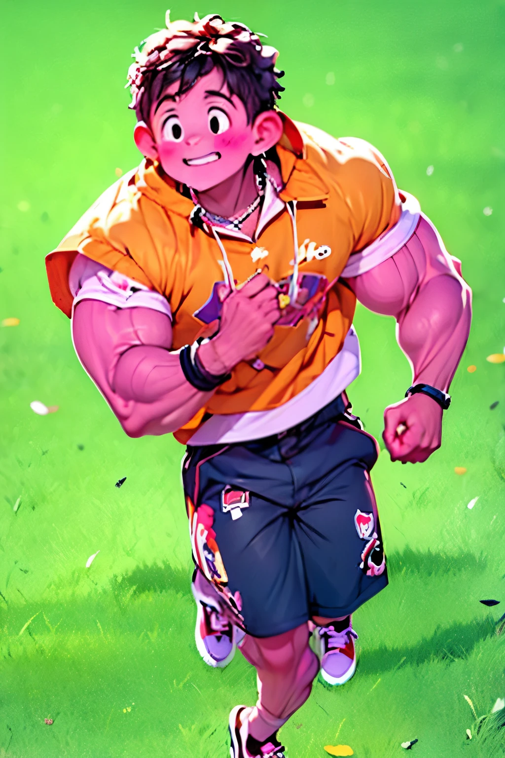 Bradley has wavy brown hair and brown eyes, is medium size and has a chubby but not fat build. It is based on the world of Miraculous Ladybug, he is the bearer of the pig kwami He is a superhero With pink mask in his face he uses a tight-fitting male suit with pastel and opaque pink colors, He has pig ears and a pig's tail and his weapon is a tambourine 
