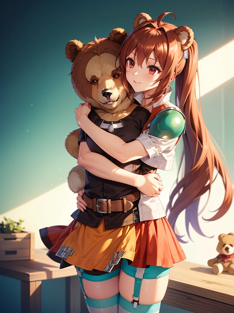 (masutepiece, Best Quality, hight resolution, nffsw, Perfect Pixel, depth of fields, 4K), Beautiful anime girl, Perfect body ,,,scEstelle, cropped jacket, green shoulder pad, tan shirt, orange skirt, belt, white thighhighs,(((wearing sexy garter belt))), (hugging a bear:1.4) , 