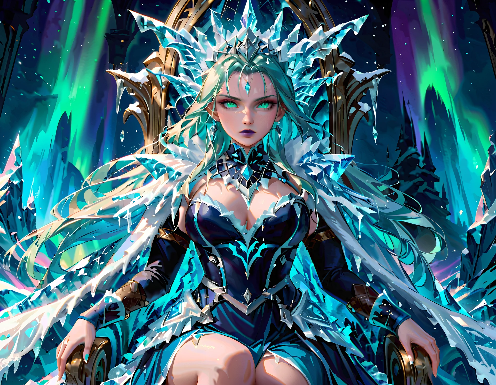 score_9, score_8_up, score_7_up, score_6_up, score_5_up, score_4_up, Arafed a picture of a frozen throne for an ice goddess, the goddess is sitting on her icy throne, under the (magical aurora: 1.3) in the night sky, aurora (masterpiece: 1.4) in many shades of blue, green and azure, wearing white and blue royal dress, glamorous dress, royal dress, dynamic hair, bold intense eyes, extremely exquisite beautiful queen, perfect body, (anatomically correct: 1.3), ultra feminine, ultra detailed face, dark blue  lips, azure glowing eyes, she sits on a (throne made from ice: 1.3) of regality, and might, throne carved from ice , legendary symmetric design, with (many carvings in the ice: 1.3), dynamic caevings on the handles decorated with (diamonds: 1.1), and (blue gems: 1.1), fantasy ice goddess hall room background,   intense details, highly detailed, photorealistic, best quality, highres,16k, (ultra detailed:1.3(, masterpiece, best quality, (extremely detailed), close up, ultra wide shot, photorealistic, RAW, fantasy art, dnd art, fantasy art, realistic art,((best quality)), ((masterpiece)), (detailed: 1.5), ral-ntrgmstn, faize, ice