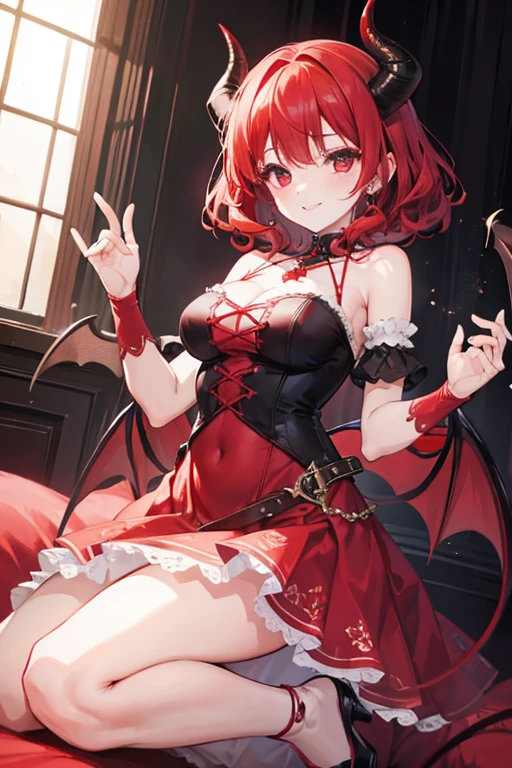 (Best quality, 8k, 32k, Masterpiece, UHD,:1.2),RAW, human, 1girl,ultra cute , ultra cute, natural lighting, transparent shining eyes, 20yo, large breast ,femur, fair complexion , flushed face, devil Costume, body-fitting devil Costume, ((devil wings)), seductive smile, Derp red hair, devil tail , from Below