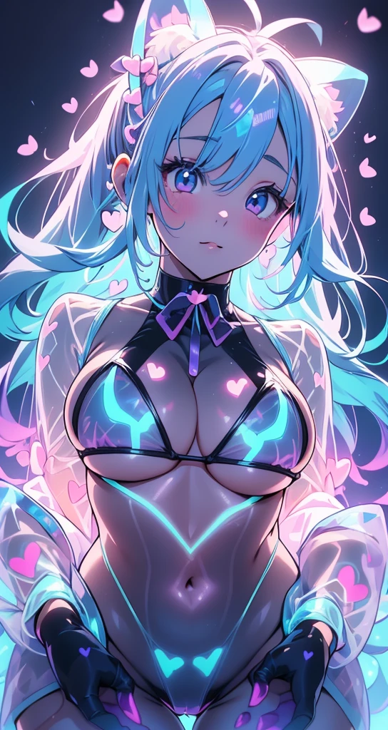 a side ponytail.(Big Breasts:1.6)、(View from directly below:1.7)、Lower Body Focused Composition 、(Neon City Morning :1.3)(Audience Attention :1.1)、( sexy transparent holographic pastel blue gradient micro bikini with hearts on hands:1.7)..Particles of light、 LIGHT IS ON THE SUBJECT 、(  dynamic pose :1.5)、  hair that flutters like、  anime holographic pink hair red ribbon with heart in hand , ,   Beautiful Character Pictures  , ,   beautiful anime face portrait  、COOL ROYALTY  、Asahi.School、