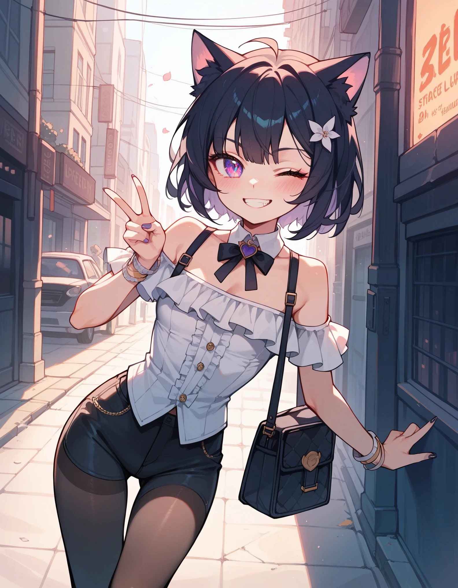 Furry, Black fur,Silver Hair,Fox Girl,(((small breasts))),(Perfectly detailed face),(Young) , Super cute face, Cleavage, jewelry, Earrings, Open clothes, tie shirt, Tent shirt, Unbuttoned shirt, Bra Peek, lace trim bra, (leopard pattern:1.2), belt, Pleated skirt, Lace-trimmed legwear, Garter Straps, See through, hoop Earrings, Gal, Wicked Smile, Captivating smile, blush, Seductive pose, (Captivating smile:1.4), Thick lips, (Big Lips:1.2), (Huge lips: 1.2), (Lips parted:1.2), (Thick lips:1.4), street, Night Sky Armband, (Glowing Skin, Glowing Skin), View your viewers,JK