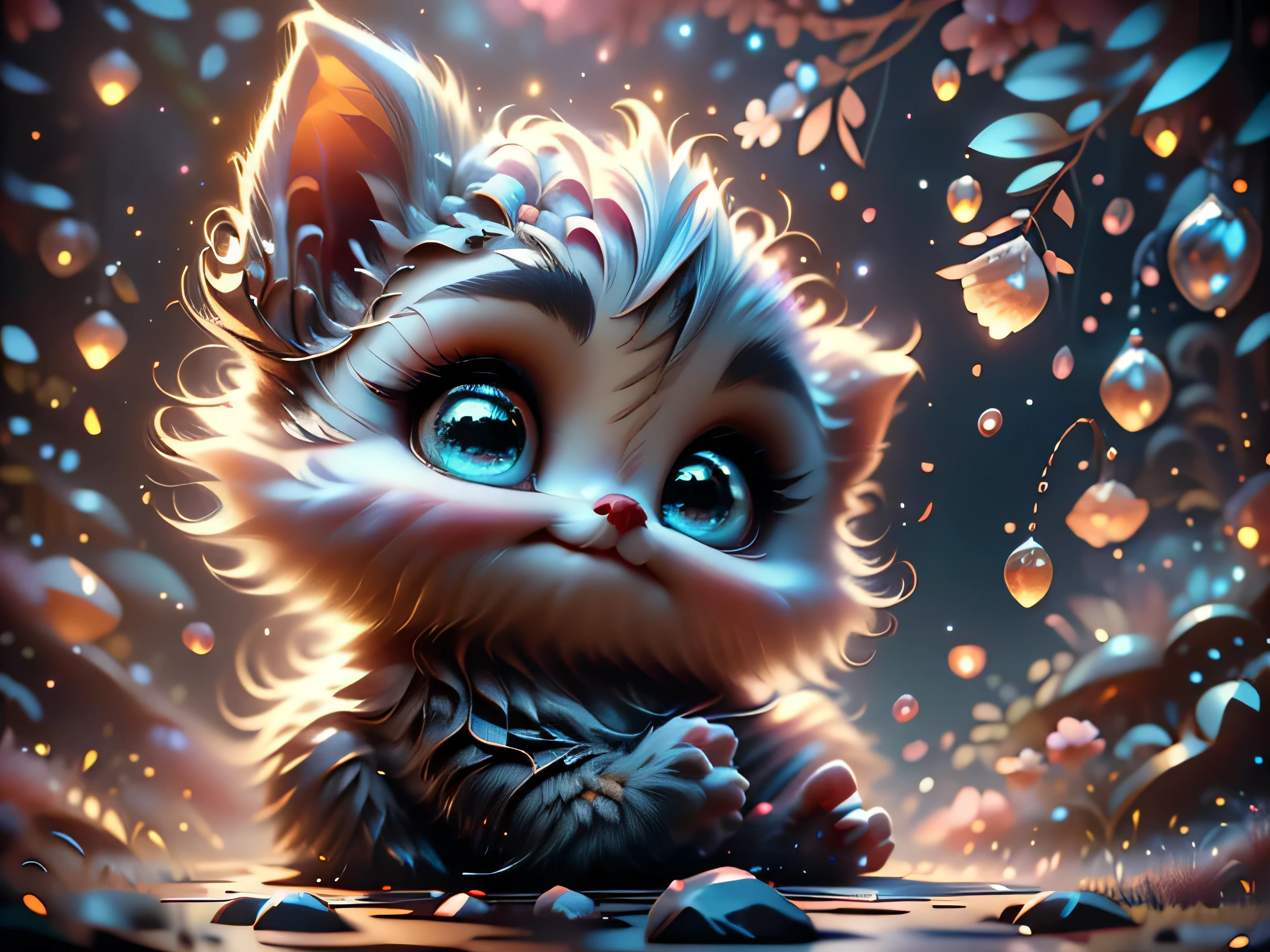 Magical Fantasy Creature, (Best Quality, Masterpiece, Representative Work, Official Art, Professional, Super Detailed, 8k:1.3), (Photorealism:1.2) Super Cute, Big Eyes, Soft, Soft Nose, Fluffy, Two-Toothed Smile, A baby white unearthly creature has big blue eyes with silver sparkle, northern pink-lilac lights light up the night sky, magical moment, hyper-realistic digital artwork, highly detailed, Realistic, Beautiful, Soft Volumetric Light, (Backlight:1.3), (Cinematic:1.2), Intricate Details, (ArtStation:1.3), --auto --s2