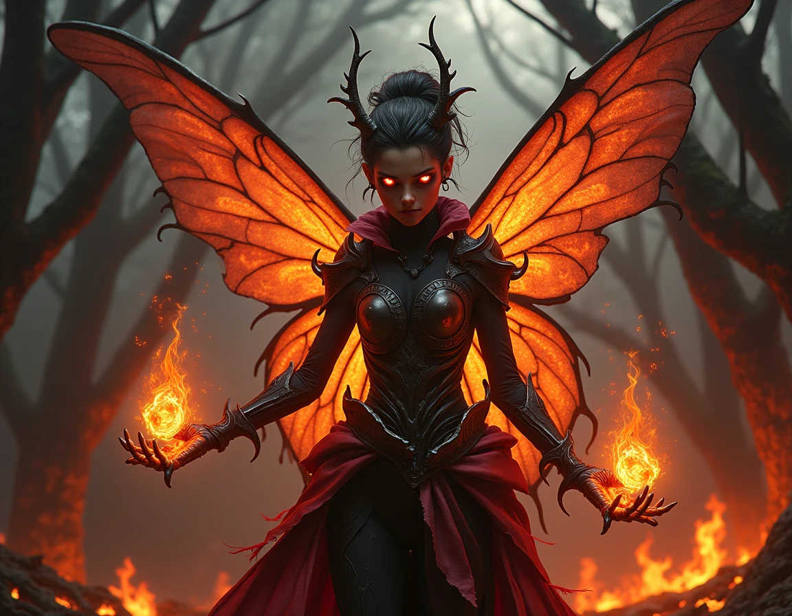 Animated fairy in wearing magical Armor
in a magical glittery forest, make really and much enhance cOlour
And theme is reddish
With horns
Make adults girl
Make her little bit scarry
